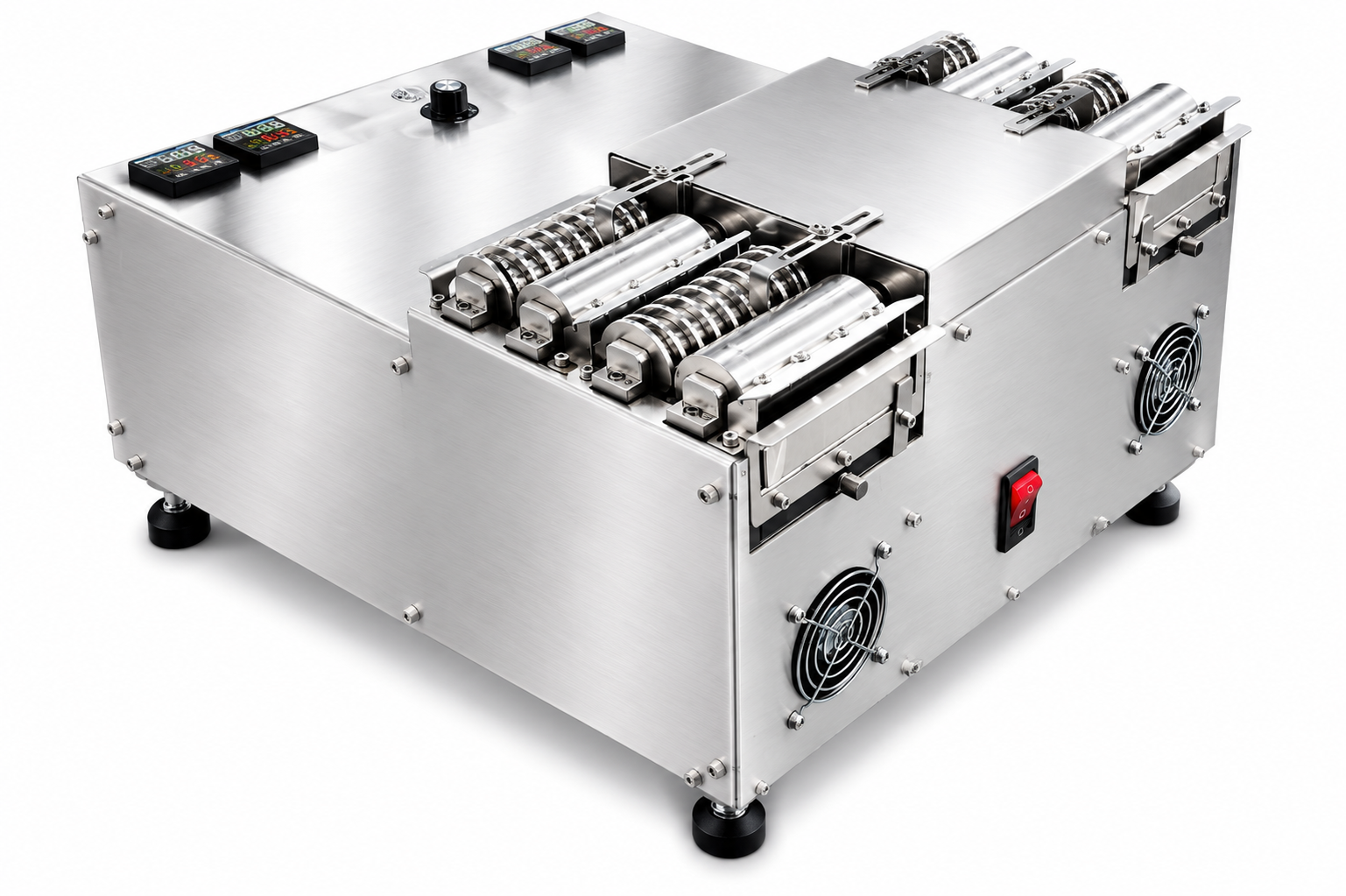 The Glue/Kief Coater, a stainless steel coating machine with digital controls